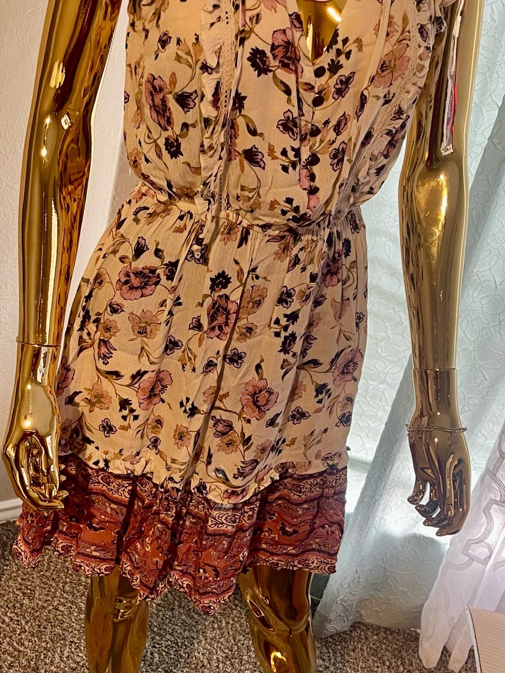 Xhilaration Beige Floral Mini Dress with Rust Border